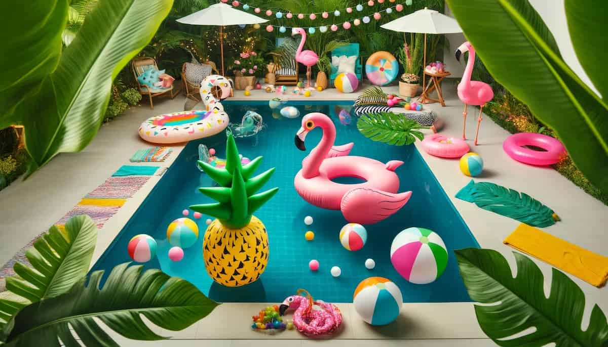 ideas de decoración y flotadores en una poolparty Flotadores y elementos en una despedida de soltera